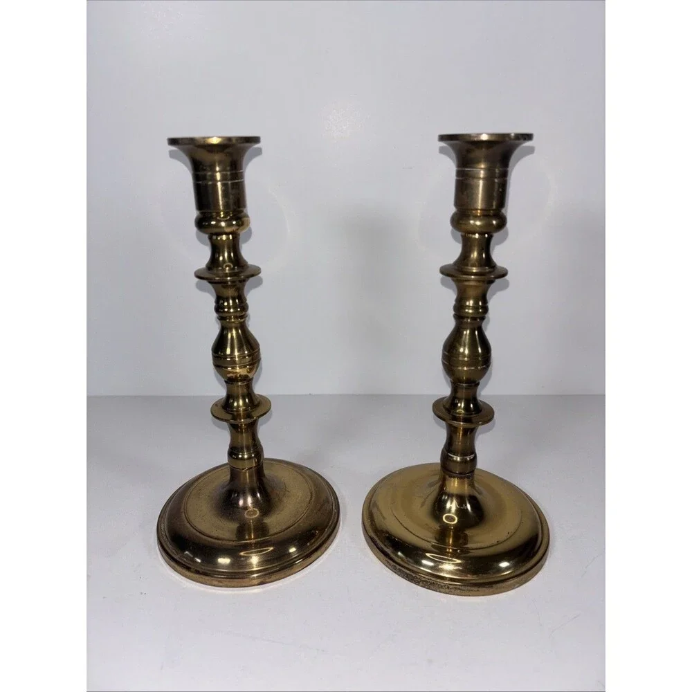 Antique Pair Brass Beehive Candlesticks Victorian Baluster 8”H Marked W